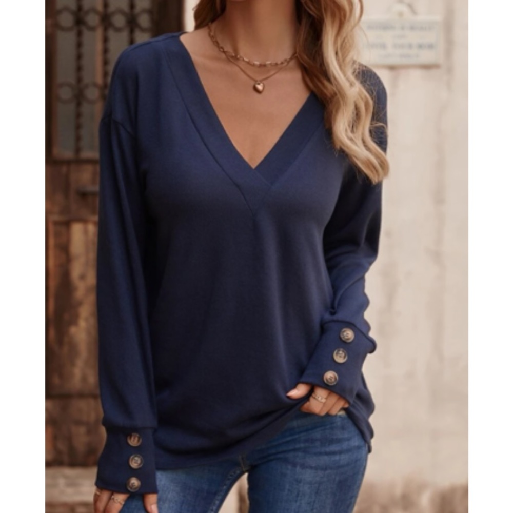 Navy blue button cuff V neck top